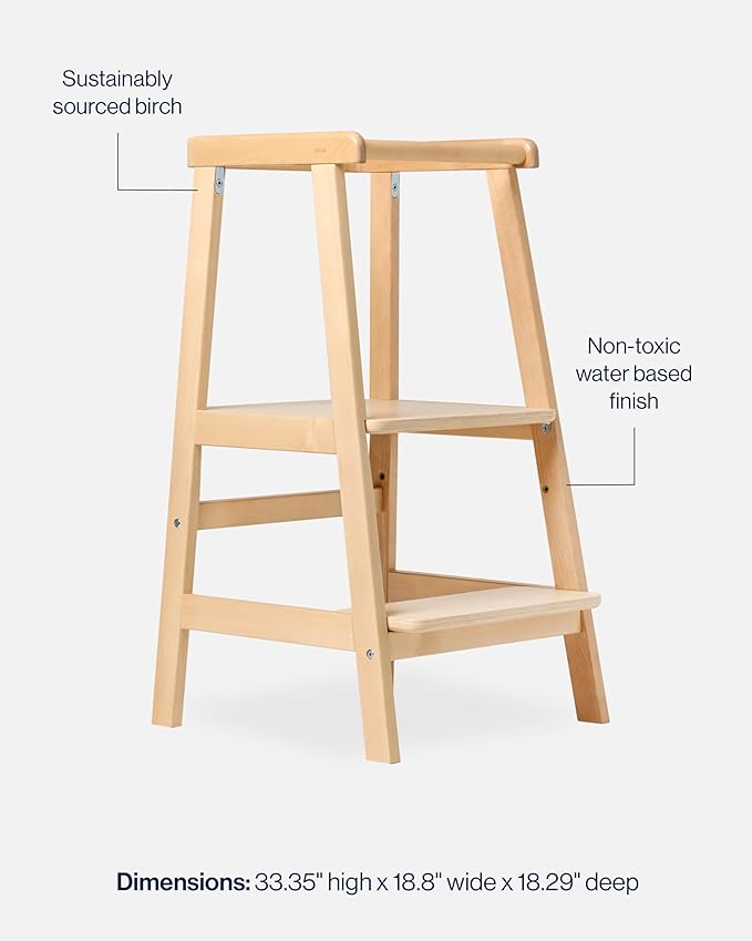 Lalo The Tower - Adjustable Height Toddler Kitchen Stool, Made from Sustainable Birch, Non-Toxic Finish, Supports Up to 200 lbs, Safe and Stylish Standing Tower for Toddlers, Easy to Clean