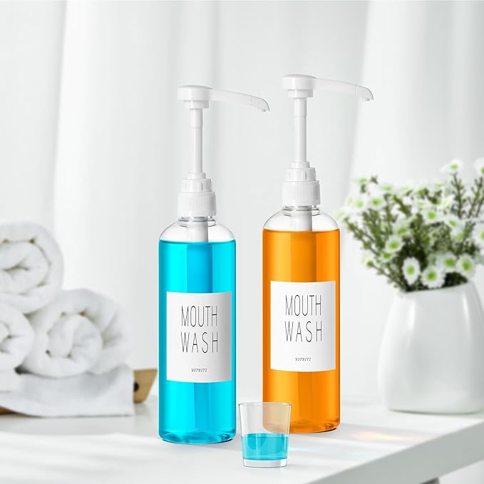 VITVITI Plastic Mouthwash Dispenser for Bathroom, 17 OZ Pump Mouth Wash Container Bottle with Cup, Clear Refillable Mouthwash Dispenser with Labels, Set of 2