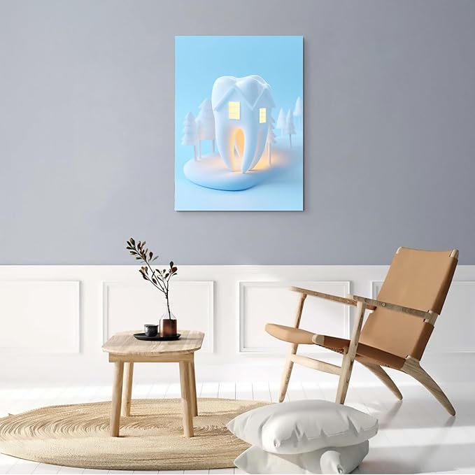Modern Tooth Watercolor Art,Minimalist House Canvas Print,Contemporary Dental Decor,Cozy Living Room Art,8x12inch Framed Display Ready to Hang
