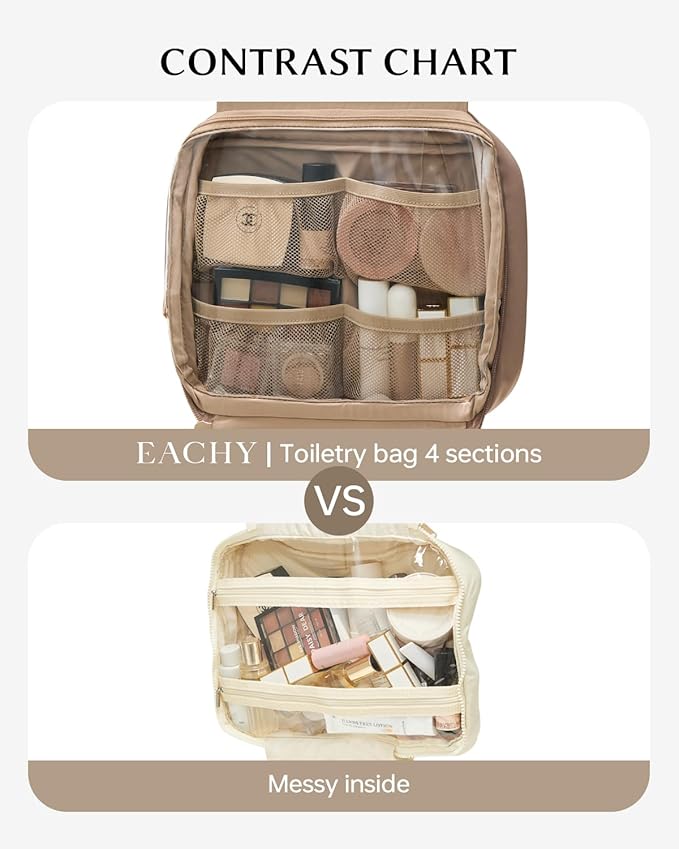 EACHY Travel Toiletry Bag with Hanging Hook, Portable Makeup Cosmetic Bags for Women, Water-Resistant Full-Size Travel Accessories (Pink)