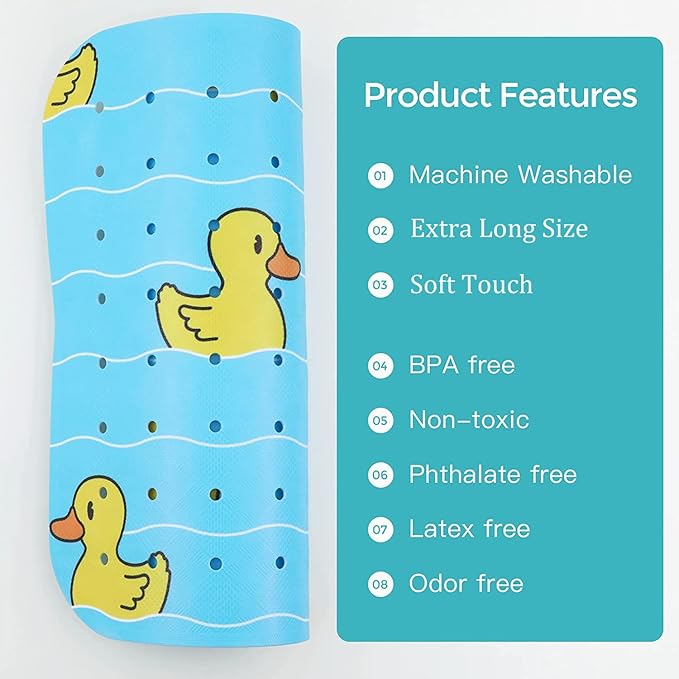 Bathtub Mat Non Slip Shower Mat for Kids Adults & Elderly 40X16 Inch Extra Long Anti Slip Bath Mats for tub Mat with Suction Cups and Drain Holes,Duck