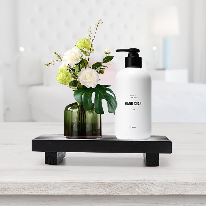 Small Black Bathroom Decor Tray for Counter Dish Soap Holder Wooden Pedestal Stand for Kitchen Sink Soap Dispenser Wood Risers Kitchen Accessories Countertop Vanity Counter Sponge Sink Tray