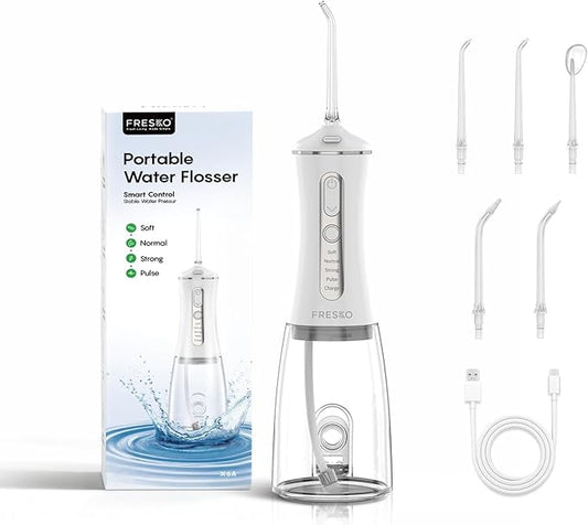 FRESKO Water Dental Flosser with Constant Pressure Technology - Portable Electric Flosser with 50-Day Battery, 10oz Tank, IPX7 Waterproof, 4 Modes & 5 Tips for Deep Oral Clean