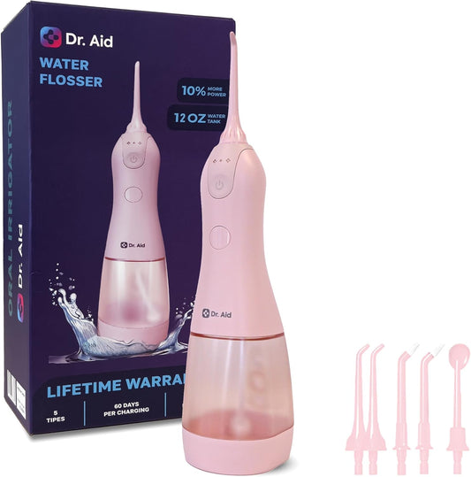 Dr. Aid Dental Water Flosser – Portable Oral Irrigator – 11Oz Tank, Water Filter, 5 Tips, Magnetic Charger – IPX8 Waterproof Cordless Water Flosser, Ideal Water Flossers for Teeth, Gums (Pink)
