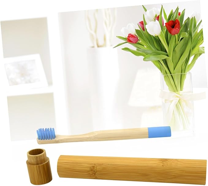 Biodegradable Natural Toothbrush with Soft Bristles for Gentle Gum Care Ergonomic Wooden Handle Eco-Friendly Blue Travel Toothbrush with Storage Tube