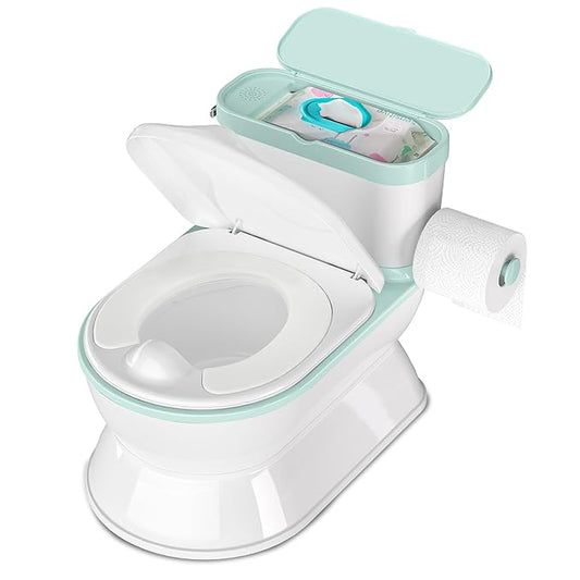 2-in-1 Toddler Potty Training Toilet - Larger Potty Chair & Detachable Training Seat for Boys & Girls Ages 1-3 with Flushing Sound, Wipes Storage, Toilet Paper Holder - Cyan