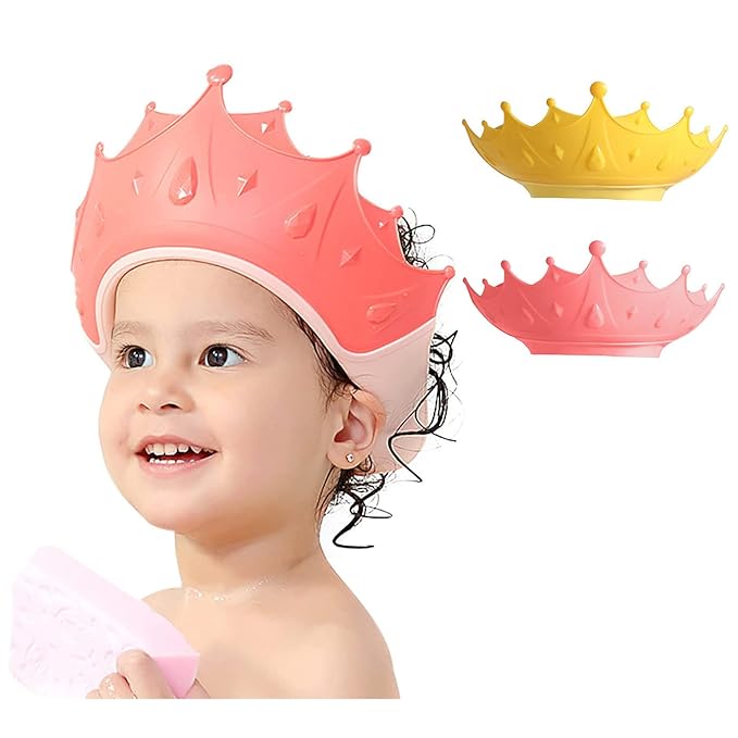 FUNUPUP Kids Shower Cap, 2 Pack Adjustable Toddler Hair Washing Bathing Cap Shield Visor Shampoo Cap Protect Baby Eyes (Crown, Pink and Yellow)