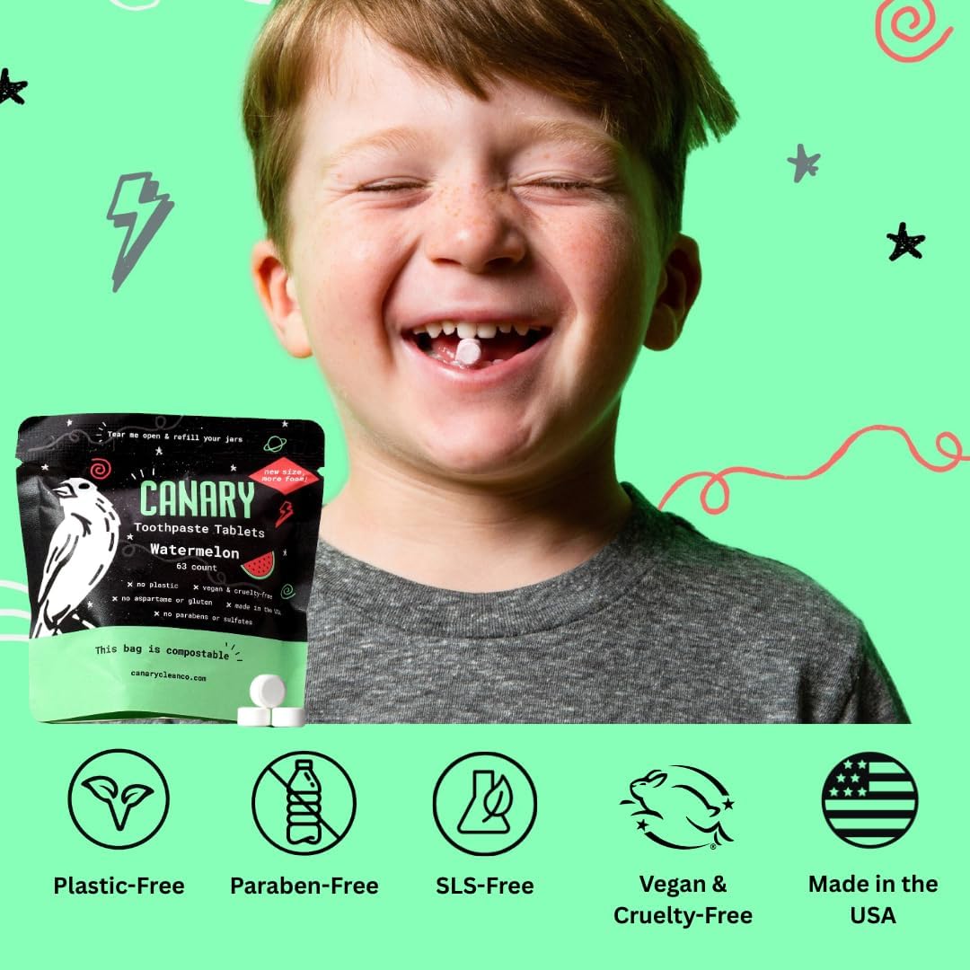 Canary Nano Hydroxyapatite Toothpaste Tablets Watermelon- Remineralizing, Fluoride Free, All Natural Tabs with Xylitol - Great for Kids, Plastic Free - 189 Count