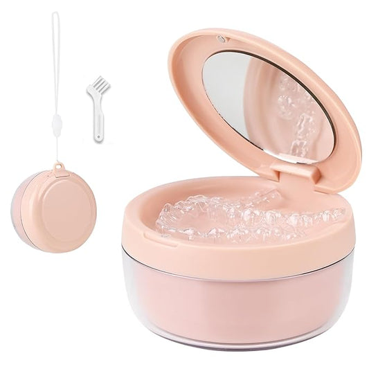 Denture Case, Leak Proof Denture Bath Cup, Denture Soaking Container Cups for Dentures, Retainers, Mouth Guard Storage Case, Full & Partial Denture Cleaning Holder Box with Strainer, Pink
