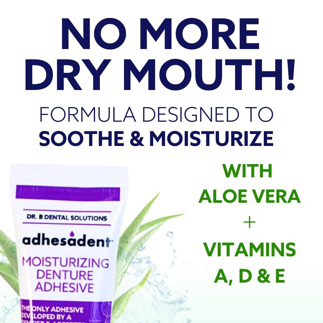 Dr. B Dental Solutions Adhesadent Moisturizing Denture Adhesive - Secure Denture Glue with Strong Grip & Natural Taste - Zinc-Free Dental Adhesive for Dentures, Overdentures - 2.4 oz (2 Pack)