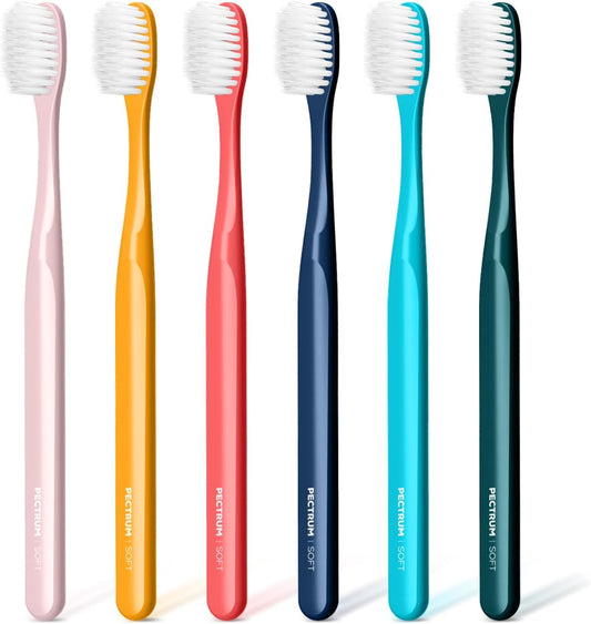 Extra Soft Manual Toothbrush Pack, 6 Count, Deep Cleaning Flossing Toothbrushes for Sensitive Teeth & Receding Gums, Tapered Bristles for Adults & Elders, Help Plaque Removal, Assorted Colors