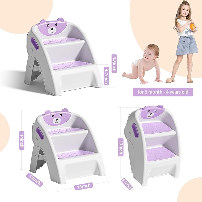 Folding Kids Step Stool for Bathroom and Potty Training,Anti-Slip, Anti-Tip A-Frame Design with 10-Second Setup-Potty 2 Step Stool for Toddlers