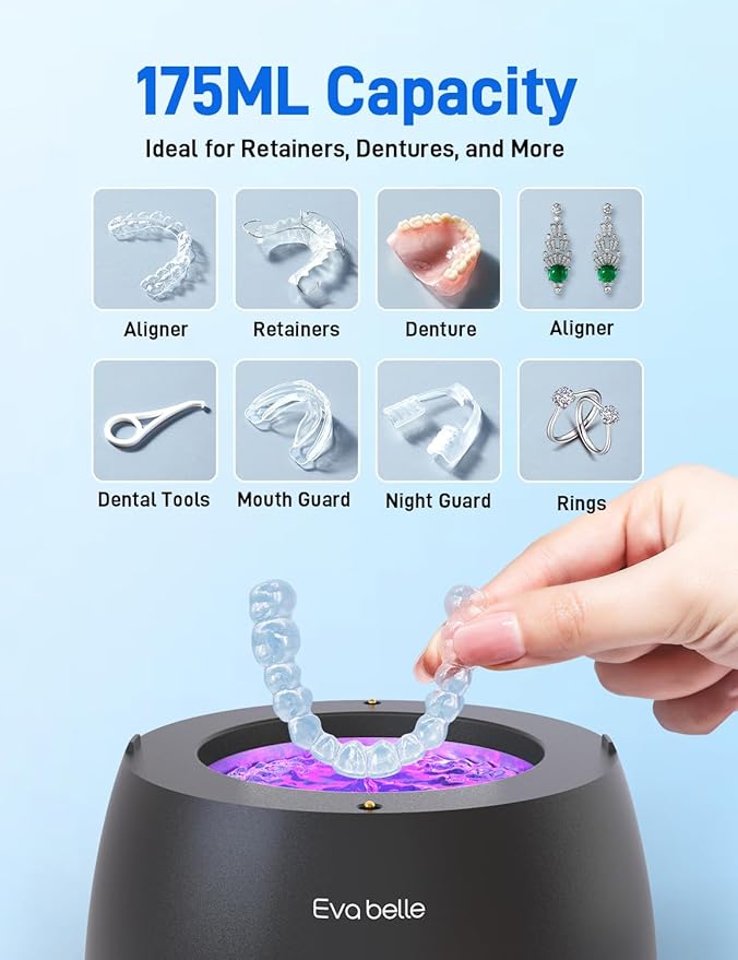 Ultrasonic Retainer Cleaner, EVA BELLE Denture Retainer Cleaner Machine, Tooth Cleaner for Oral Dental Care, Portable Rechargeable Dental Cleaning Pod for Night Guards, Braces, Aligner, Jewelry