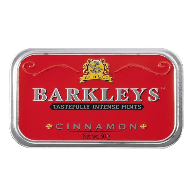 Barkleys Cinnamon Breath Mints -Strong Cool Flavor Candy, Dry Mouth,- Breath Freshener, After Dinner Mints In Reusable Classic Travel Tins, Vegan, 1 Pack - 50 Count Each