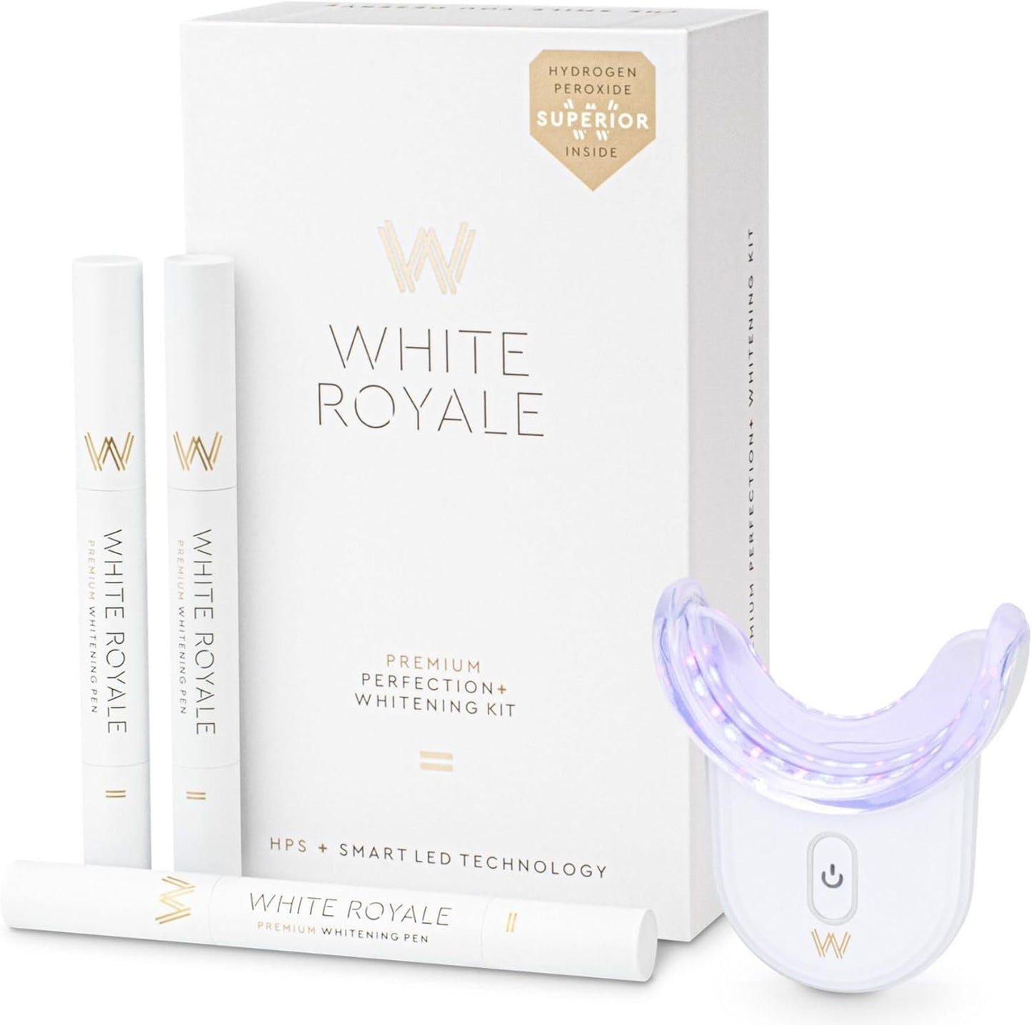 White Royale Premium Teeth Whitening Kit with Smart LED Mouthpiece, 3X 2ml Whitening Gel Pens with 9% Hydrogen Peroxide Superior Formula