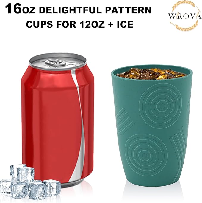 Wrova Wheat Straw Water Cups 16oz with Etched Pattern - Alternative Plastic Drinking Glasses Set of 6 - Unbreakable Tumbler Cups for Kids - Vibrant Series