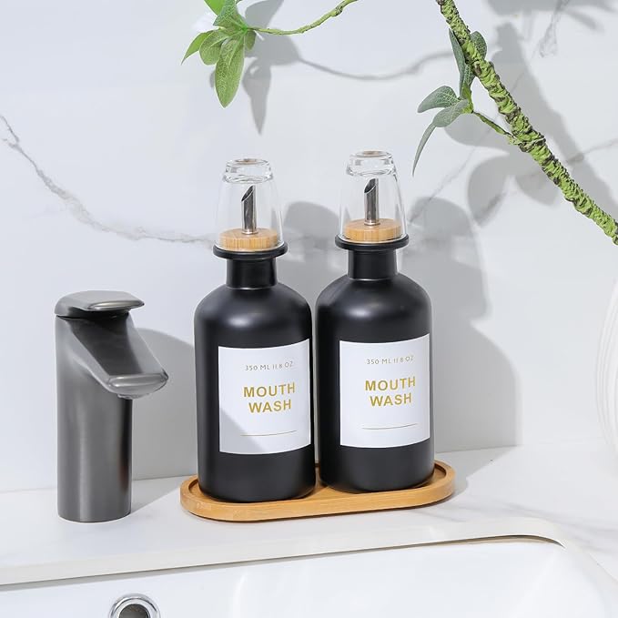 11.8OZ Glass Mouthwash Dispenser for Bathroom with Stainless Steel & Bamboo Nozzle, Mouthwash Cup Reusable, Bamboo Tray, and Elegant Gold Sticker.Set of 2（Black
