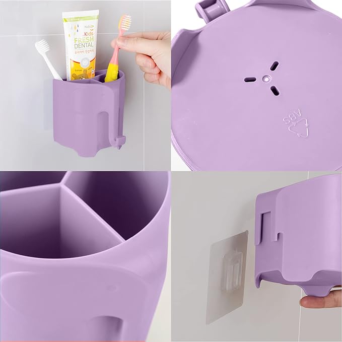 Kids Toothbrush Holder, Cute Elephant Toothbrush Holders for Toddler, Toothbrush Toothpaste Holder for Bathroom, Toothbrush Organizer with 3 Slots and a Hook, Light Purple