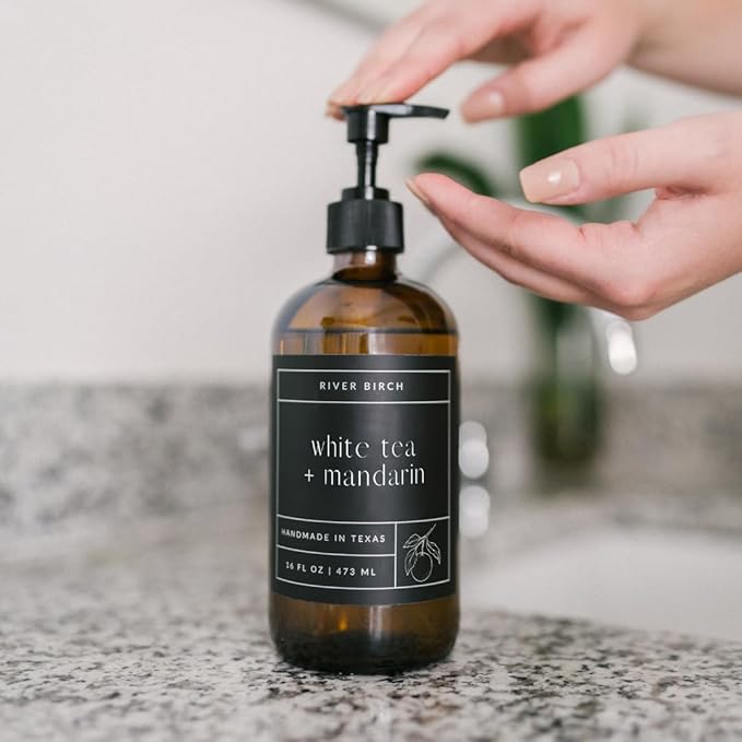 River Birch White Tea + Mandarin Scented Natural Hand Soap - Handmade Soap - Moisturizing Hand Wash with Amber Glass Dispenser - Luxury Scented Hydrating Hand Soap - Vegan and Non-Toxic - 16 Fl Oz
