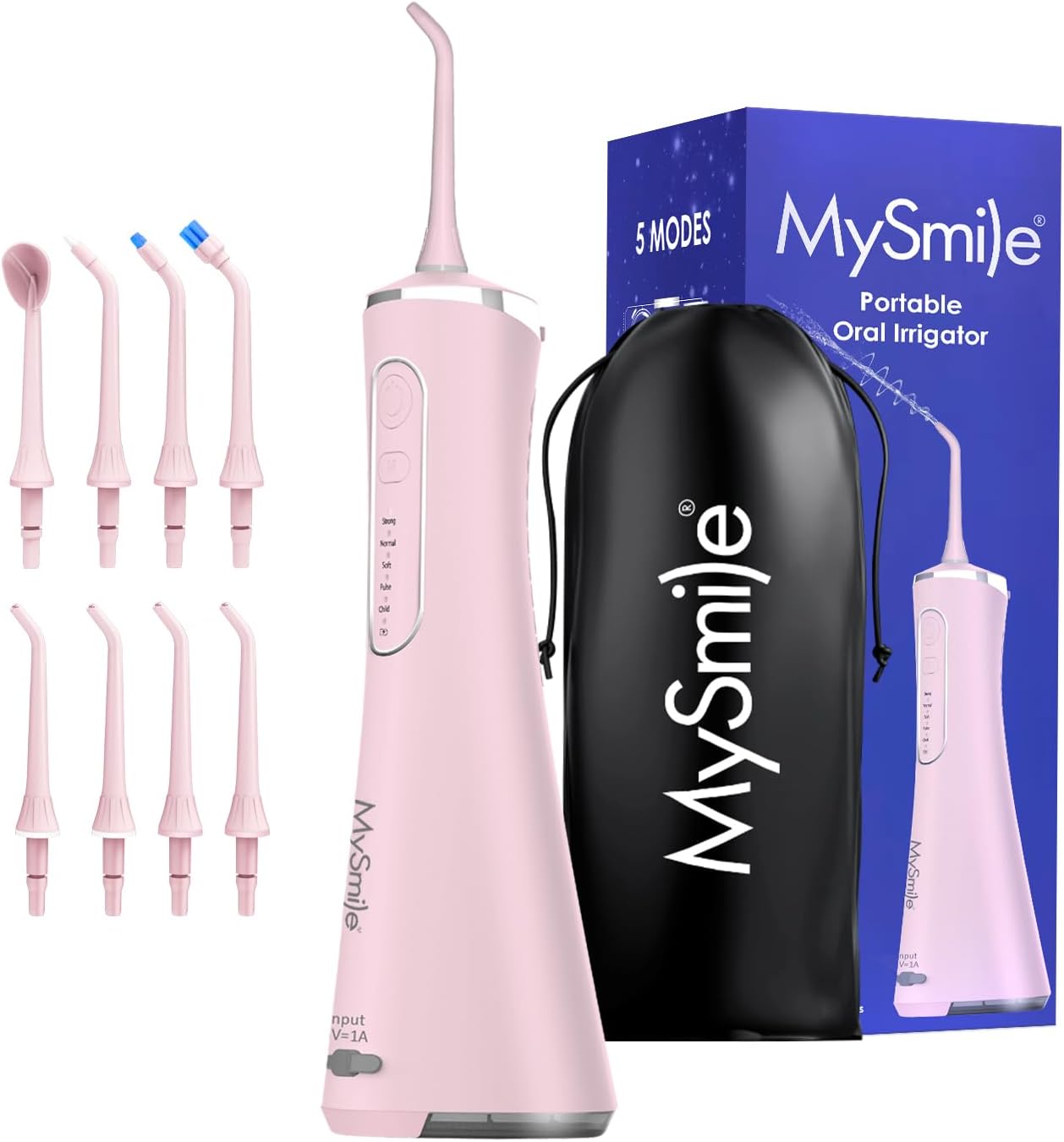 MySmile LP211 Cordless Water Flossers, Portable Rechargeable Oral Irrigator for Teeth Cleaning, 5 Cleaning Modes, IPX7 Waterproof, 8 Replacement Tips and a Storage Pouch (Juicy Pink)