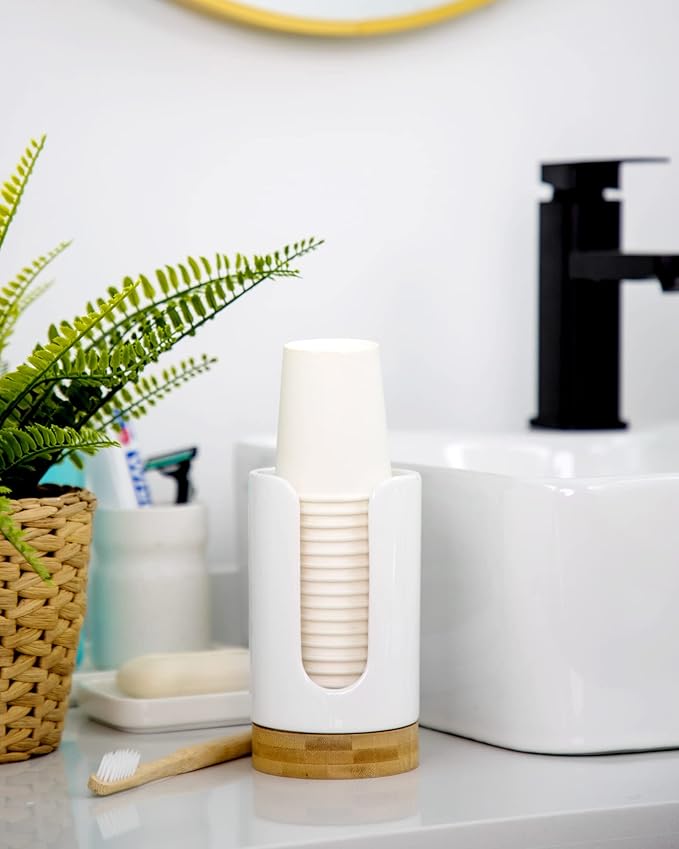 Ceramic Bathroom Cups Dispenser - 3-5 oz Disposable Paper & Plastic Bathroom Cups Holder - Mouthwash Cups Dispenser for Bathroom, Guest Toiletries, Countertop, Coffee - BPA Free (White)
