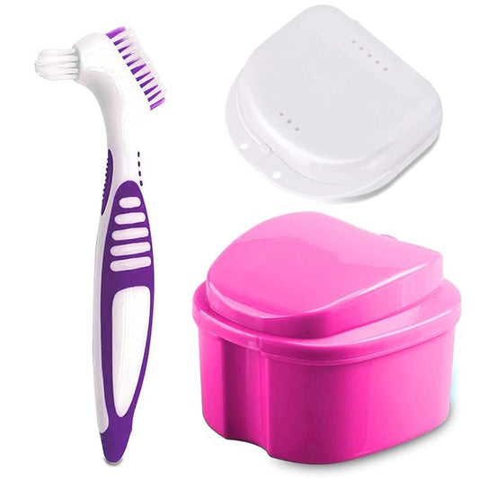 Denture Bath Case Cup with Denture Cleaner Brush & Retainer Holder Box, Complete Clean Care for Dentures, Clear Braces, Mouth Guard, Night Guard & Retainers,Traveling (Pink)