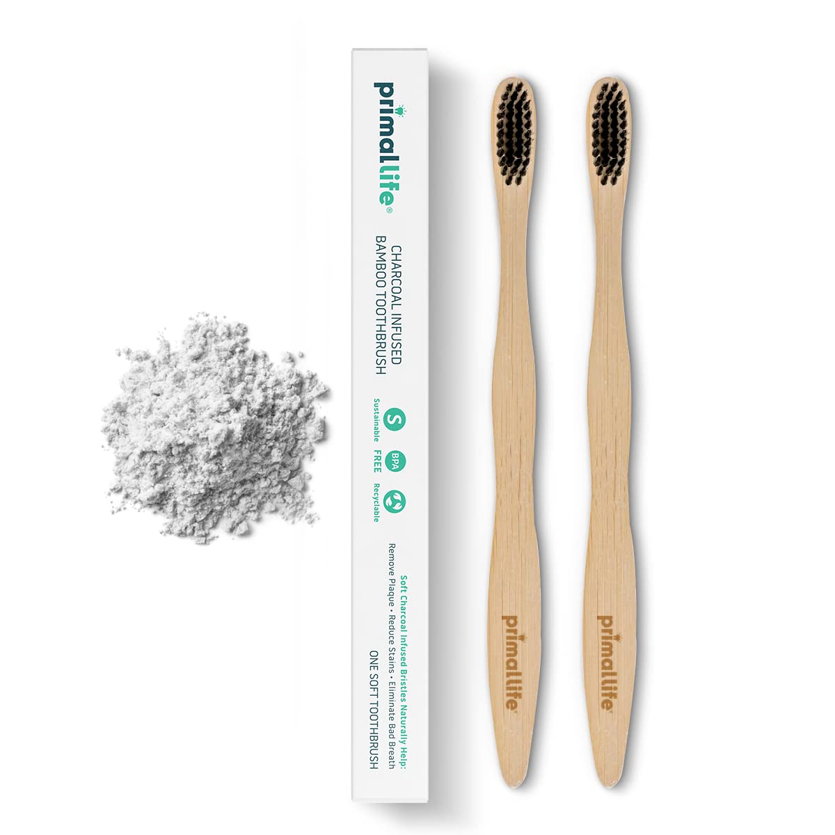 Primal Life Organics - Charcoal Toothbrush, Made with Charcoal & Bamboo, Biodegradable, BPA-Free, Perfect for Kids & Adults, Recyclable, Gently Massages Gums & Teeth, Zero Waste Toothbrush, (2-Pack)