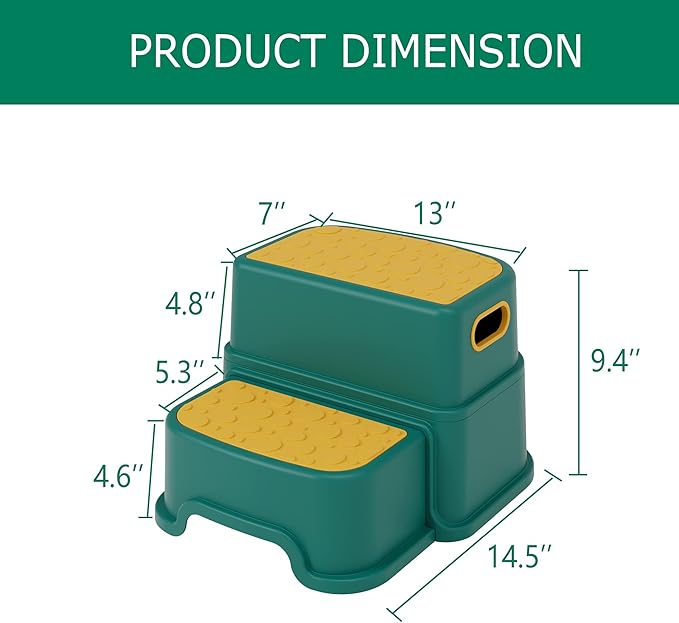 HOMKO 2 Step Stool for Kids Toddler Stool for Potty Training Kids Step Stool for Bathroom Kitchen Sink and Toilet Potty Training Anti-Slip Potty Stools, 3 in 1 Independent Stepping Stool, Green