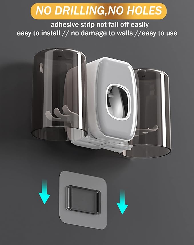 WAYCOM Toothpaste Dispenser Bathroom Accessories, 2 Cups Toothbrush Holder Wall Mounted Bathroom Decor Smart Home Products Tooth Brushing Holder with Automatic Toothpaste Dispenser Bathroom Organizer