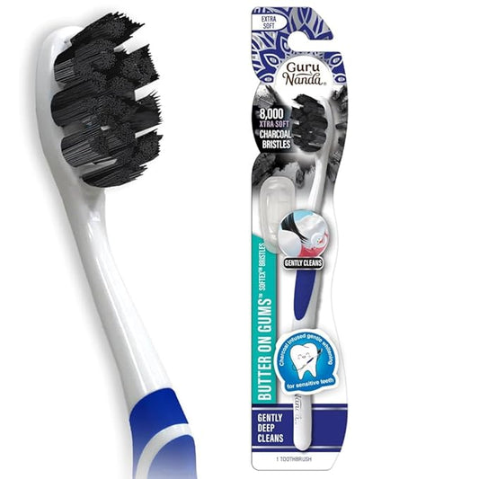 GuruNanda Butter on Gums Charcoal Toothbrush - 8,000+ Softex Bristles for Sensitive Teeth & Gums, Aids in Teeth Whitening, Extra Soft (1 Count)