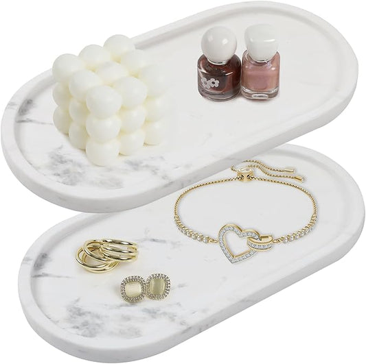 2 Pcs Marble Tray for Decor, Marble Vanity Tray for Perfume, Cosmetics, Jewelry, Stone Decorative Trays for Dresser Organizer, Storage Trays for Home Bathroom Countertop, 12 x 6 Inch