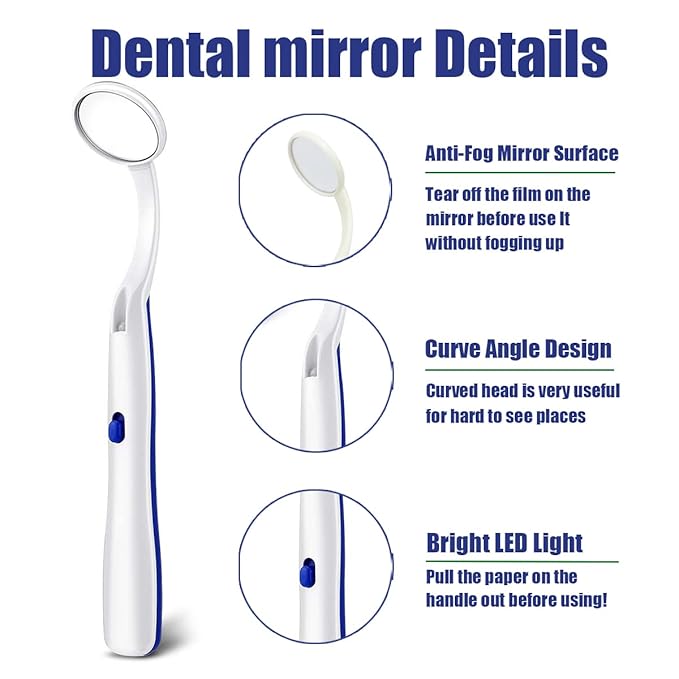2 Pcs Dental Mirror with Light Tool LED Lighted Teeth Inspection Mirror Anti Fog Curve Angle Dentist Oral Care Tool (Dark Blue)