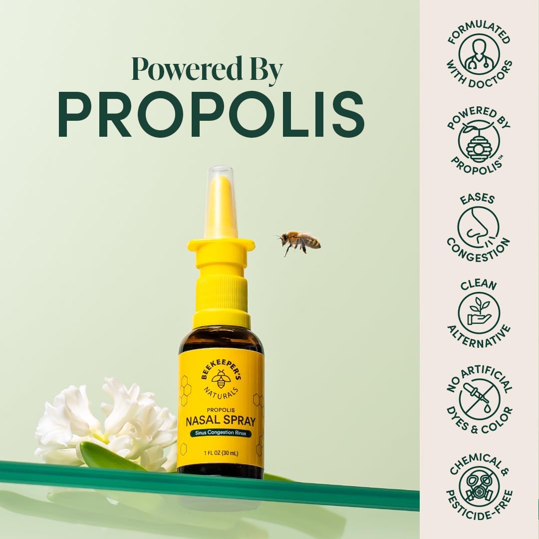 Beekeeper's Naturals Nasal Spray for Adults with Propolis, Xylitol & Saline, Clears Nasal Congestion, Moisturizes Sinus Canal, & Decongest Sinus Cavities, 1 fl oz