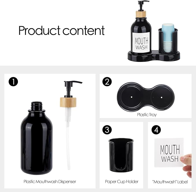 Mouthwash Dispenser for Bathroom, 16oz Plastic Mouthwash Dispenser with Cup Holder and Tray Mouth Wash Bottle Container - Black