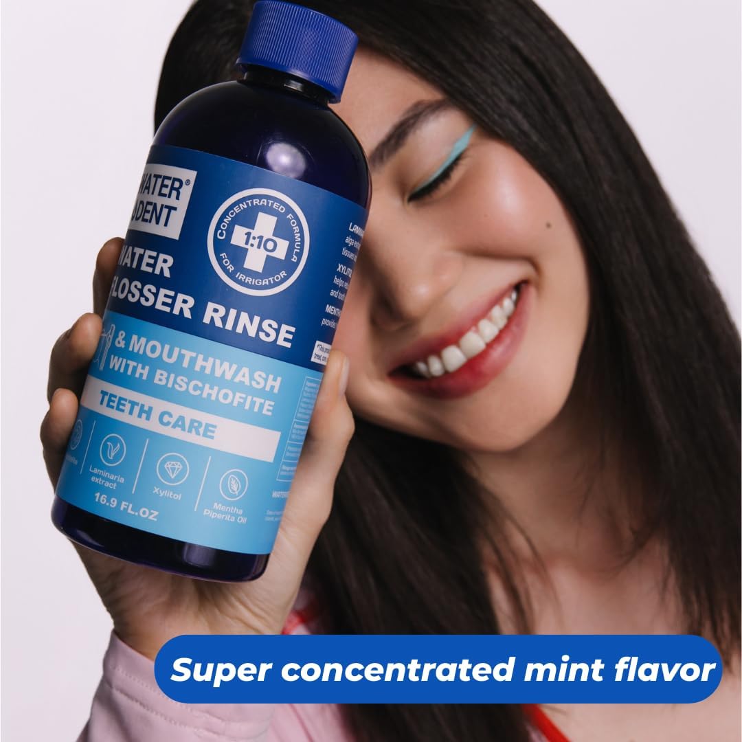 | Water Flosser Rinse, IRRIGANT, Concentrate Mouthwash | When dilluted1:10 = 44 fl.oz, Travel Size, Add to Oral irrigator, Mint Flavor, Alcohol & Fluoride Free. Made in USA | 4 fl.oz