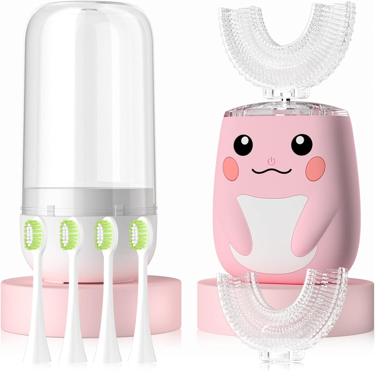 Kids Electric U Shaped Toothbrush Children Rechargeable Sonic Toothbrush with 6 Soft Brush Head Automatic Full Mouth 6 Cleaning Modes -Age2-7 Pink
