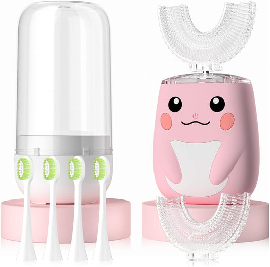 Kids Electric U Shaped Toothbrush Children Rechargeable Sonic Toothbrush with 6 Soft Brush Head Automatic Full Mouth 6 Cleaning Modes -Age2-7 Pink