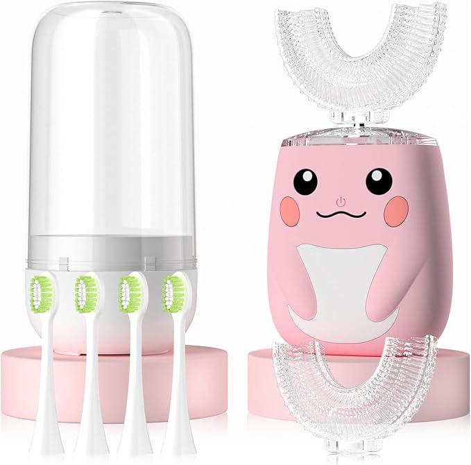 Kids Electric U Shaped Toothbrush Children Rechargeable Sonic Toothbrush with 6 Soft Brush Head Automatic Full Mouth 6 Cleaning Modes -Age8-15 Pink