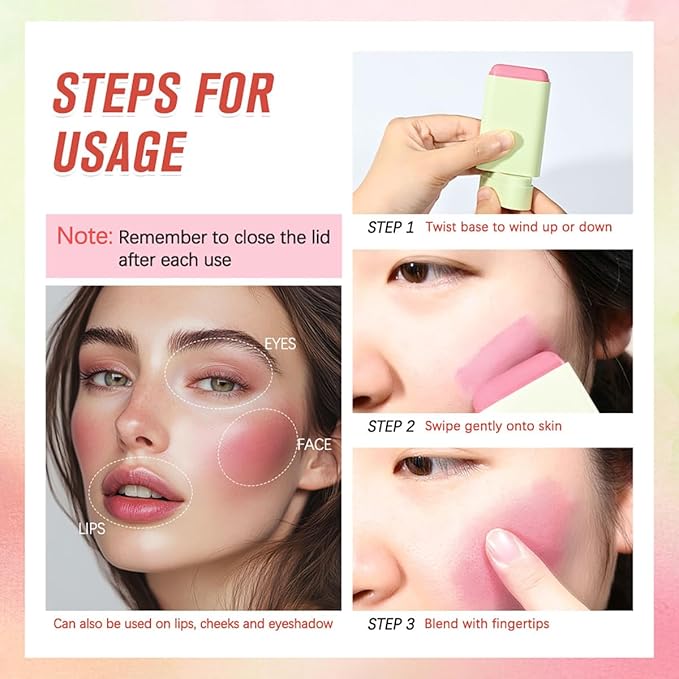 Blush pH Tinted Moisture Stick, Multi-Use Cream Blush Stick, Natural Nude Makeup for Cheeks, Eyes and Lips, Waterproof Natural Nude Makeup, Suitable for All Skin (1# Shy Pink)