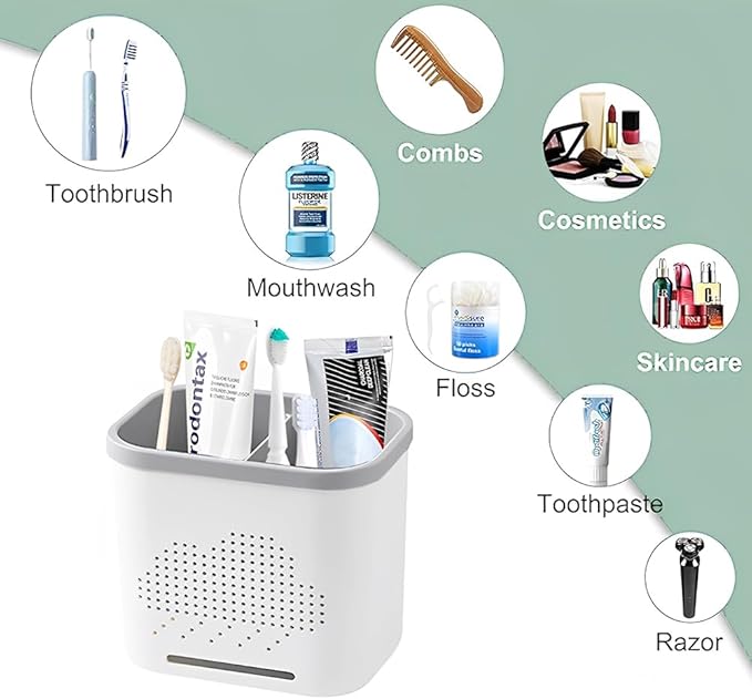 2 Slots Toothbrush Holder and Toothpaste Holder with Drain Hole, Detachable Easy Cleaning Multi-Functional Organizer Caddy Storage for Bathroom Vanity Sink Kitchen (White+Gray 2 compartments)