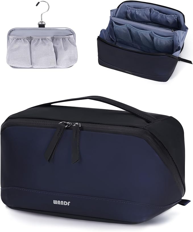 WANDF Toiletry Bag for Men, PU Leather Travel Organizer with Detachable Waterproof Hanging Pouch, Open-Flat Dopp Kit Shaving Bag with Wet Pocket for Travel Toiletries Accessories (Navy Blue)