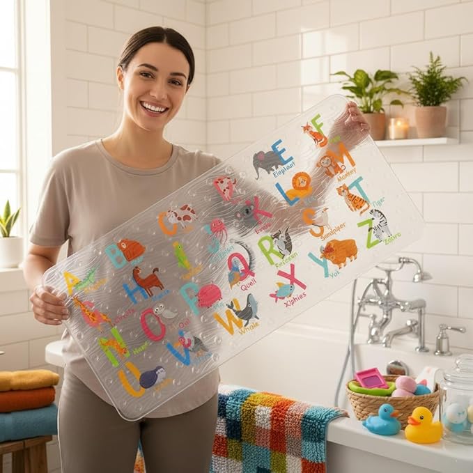 Bath Mats for Tub Kids,Baby Toddler - Large Cartoon Non-Slip Bathroom Bathtub Anti-Slip Shower Mats for Floor 35x15,Machine Washable XL Size Bathroom Mats (Alphabet)