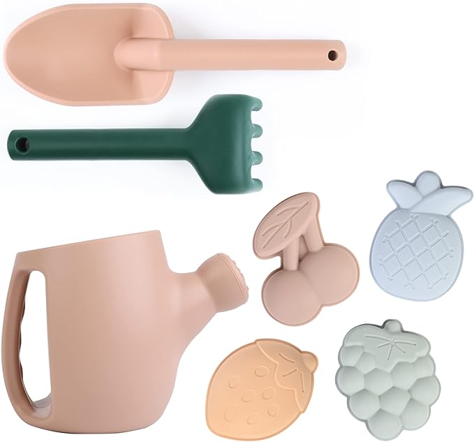 BLUE GINKGO Toddler Gardening Tools - Silicone Beach Toys, Garden Toys for Toddlers | Kids Shovel and Rake Set, Watering Can, Sand Molds | Outdoor Baby Gardening Set (Sand Pink)