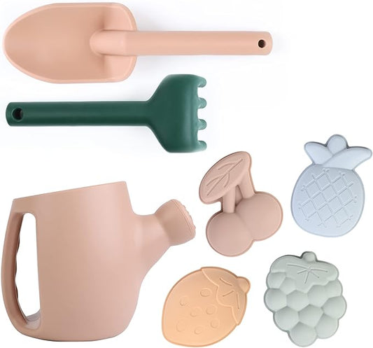 BLUE GINKGO Toddler Gardening Tools - Silicone Beach Toys, Garden Toys for Toddlers | Kids Shovel and Rake Set, Watering Can, Sand Molds | Outdoor Baby Gardening Set (Sand Pink)