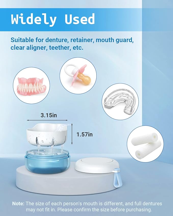 Denture Bath Case, Denture Cup, Leak Proof Portable Retainer Case, Denture Cleaning Kit with Cleaner Brush, Denture Box with Strainer & Mirror, Denture Case for Aligner Retainer Mouth Guard (Blue)