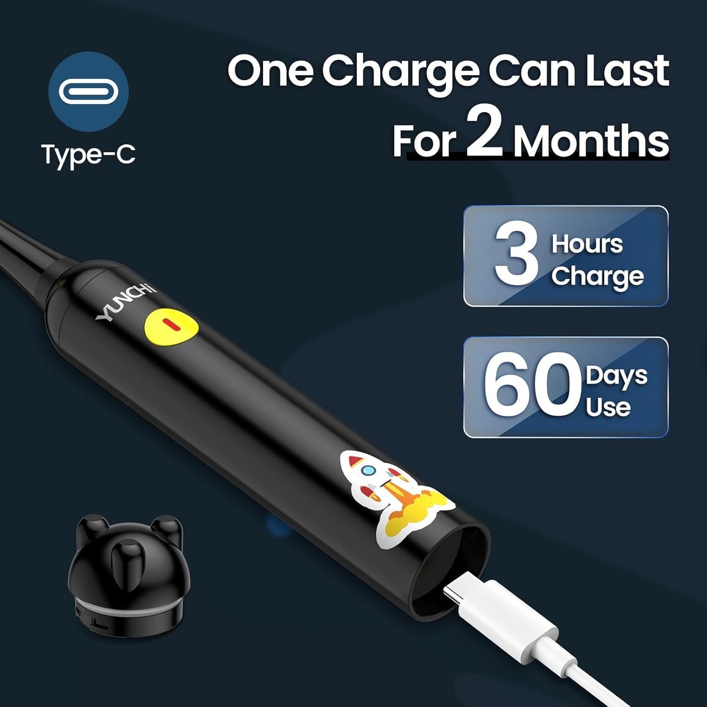 YUNCHI K5 Kids Rechargeable Electric Toothbrush with Waterproof Stickers, 3 Modes with 2 Minutes Timer, for Boys Age 4-6-8-12, Toddler Children Sonic Toothbrush with 4 Replacement Heads Soft, Black