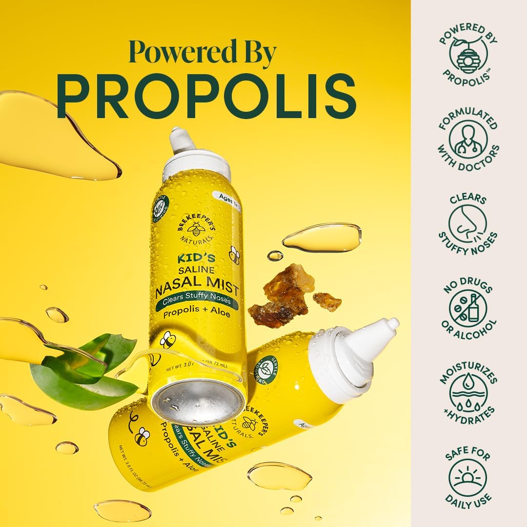 Kids' Saline Nasal Mist by Beekeeper's Naturals, Clears Stuff Noses, Nasal Spray for Kids 1+ w/ Saline, Aloe & Propolis, 3 fl oz