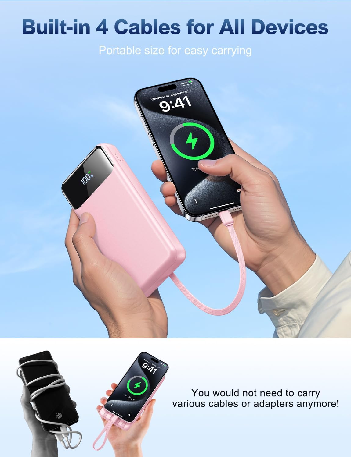 Portable Charger Power Bank 50000mAh Battery Pack, 22.5W Fast Charging PowerBank with Built in Cables,Travel Essential USB-C Portable Phone Charger for iPhone Samsung Pixel Android iPad-Pink