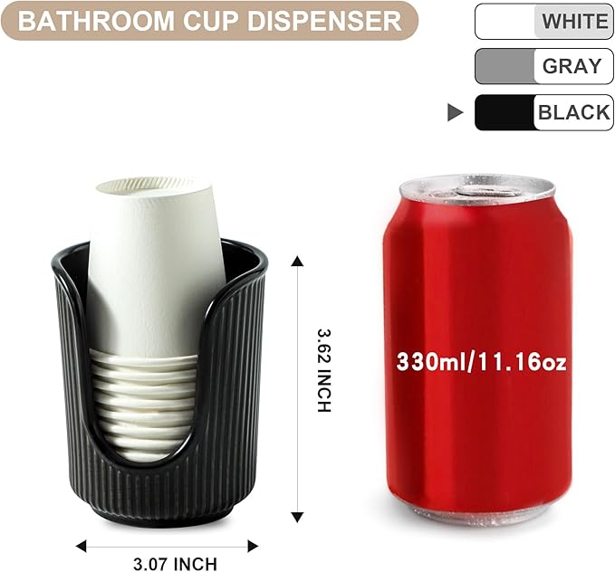 Ceramic Bathroom Cup Dispenser with Stylish Vertical Stripes - Disposable Mouthwash Cup Holder Holds 3-4oz Paper Cups for Rinsing Cups on Bathroom Vanity Countertops (Black)