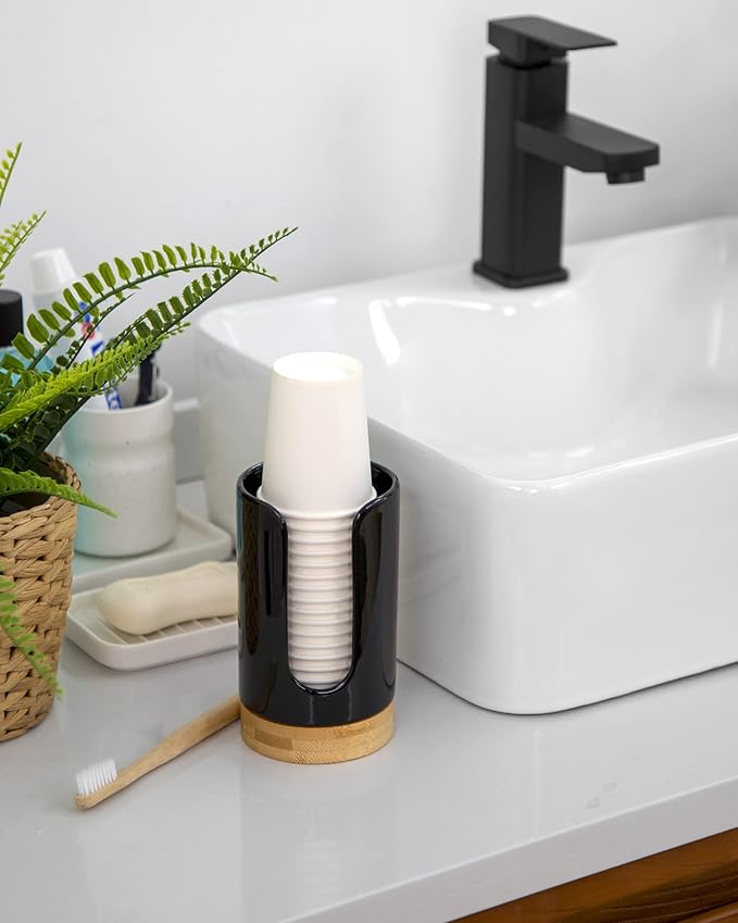 Ceramic Bathroom Cups Dispenser - 3-5 oz Disposable Paper & Plastic Bathroom Cups Holder - Mouthwash Cups Dispenser for Bathroom, Guest Toiletries, Countertop, Coffee - BPA Free (Black)